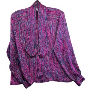 Anne Klein for New Aspects Blouse Vintage Pink Teal Abstract Tie Neck Top Sz 4